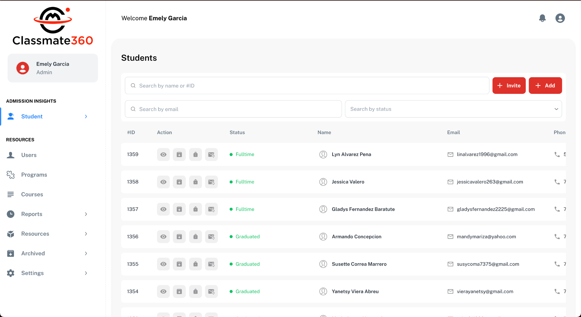 Classmate360 student management interface