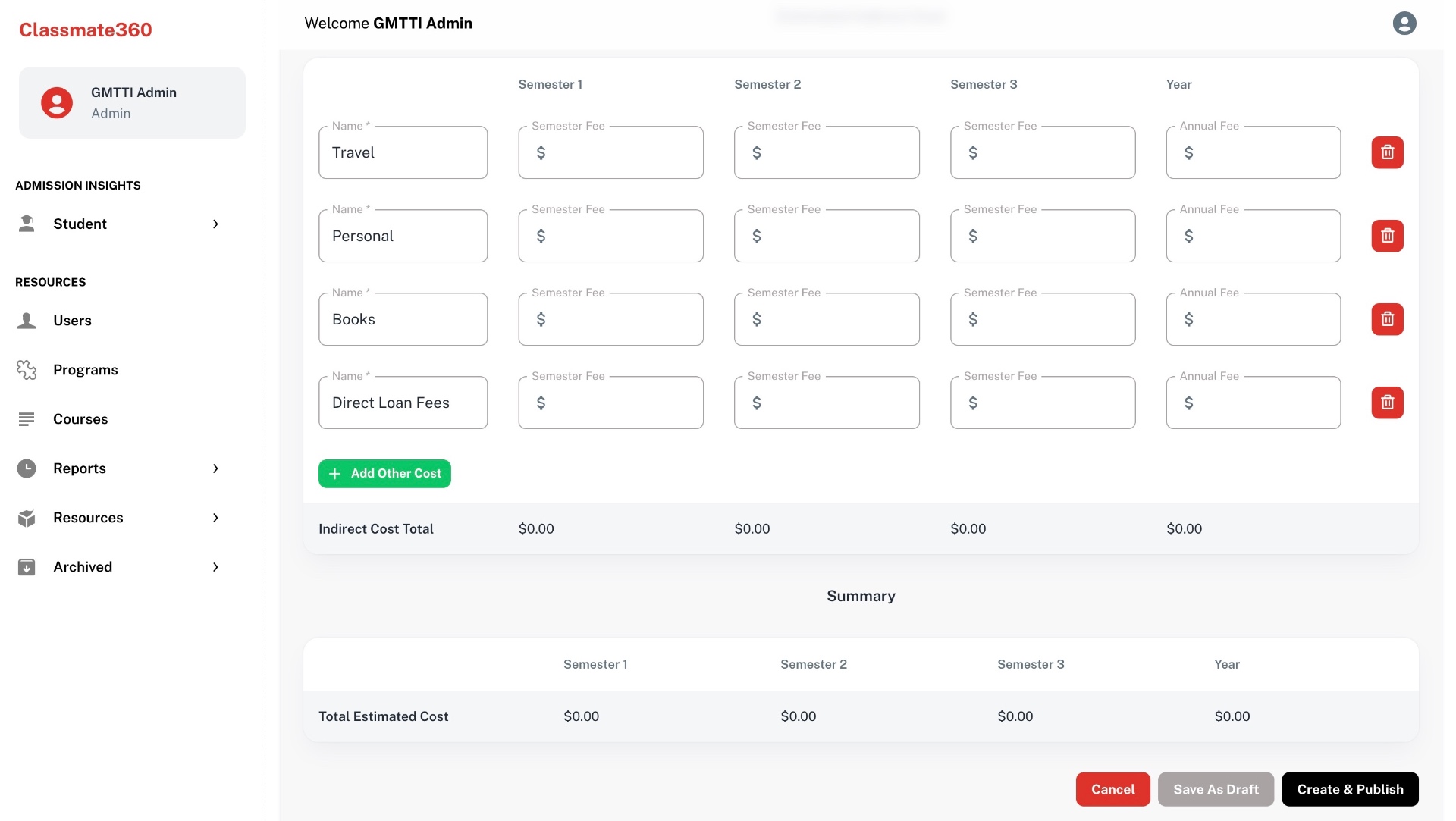 Classmate360 cost configuration interface
