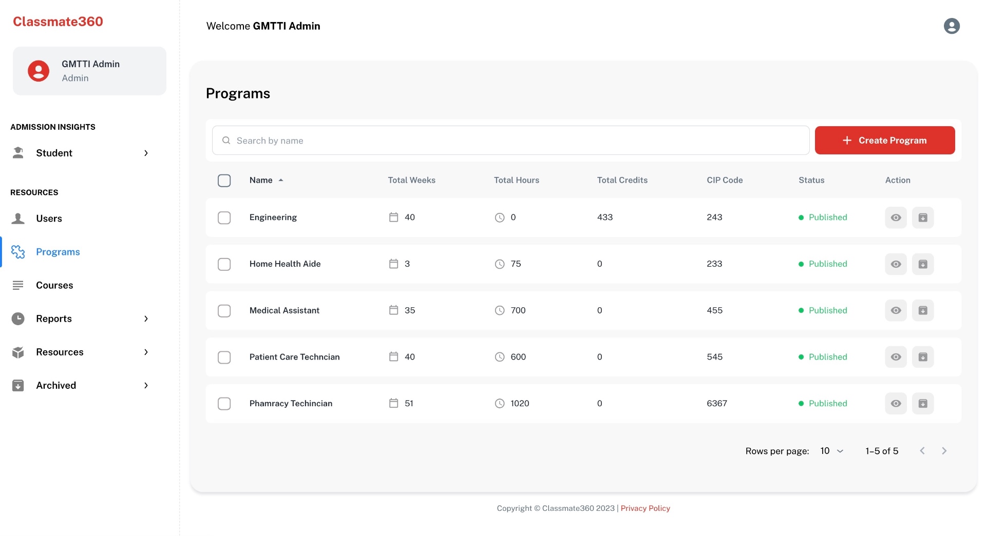 Classmate360 program management interface